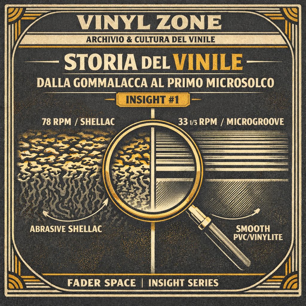 Copertina ufficiale di Fader Space per la Storia del Vinile: un'analisi tecnica dell'evoluzione dalla Gommalacca di un Disco 78 giri alla rivoluzione del Columbia Records LP e del Microsolco Vinile.