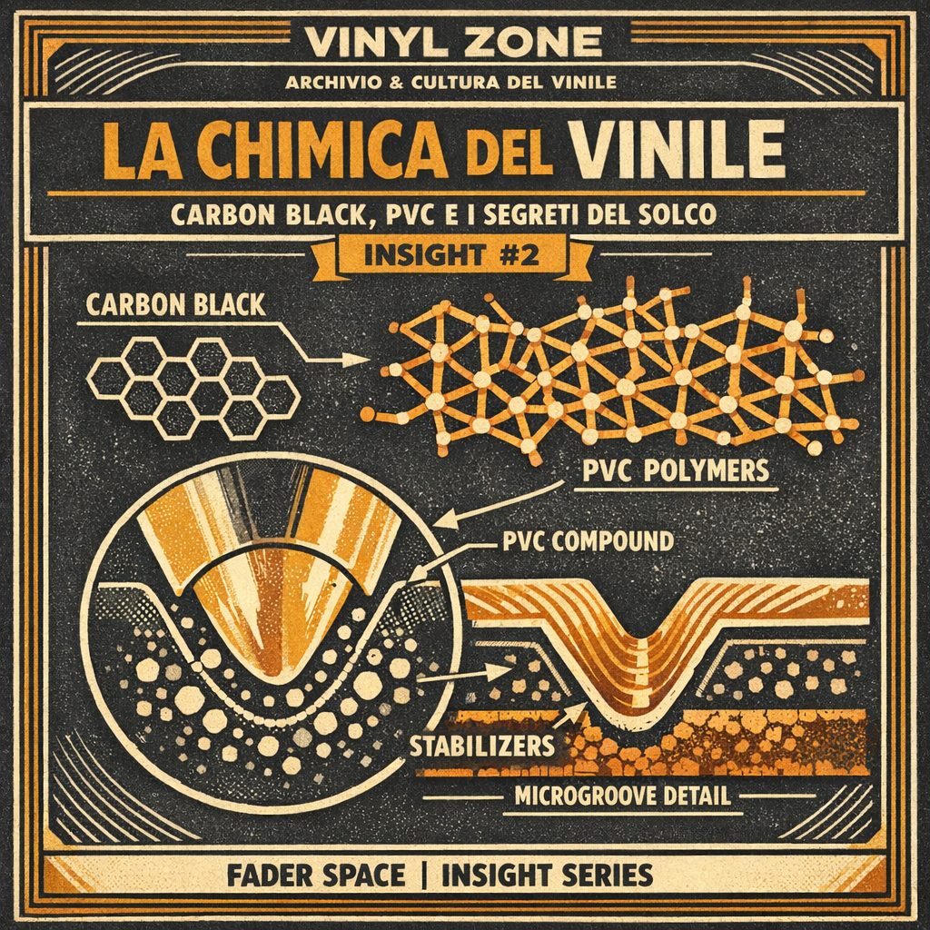 Copertina “Vinyl Zone” in stile manuale tecnico rétro con diagrammi su PVC, Carbon Black e sezione del microsolco: guida sulla Chimica del Vinile, qualità audio dei vinili colorati e Regrind Vinyl, edito da Fader Space.