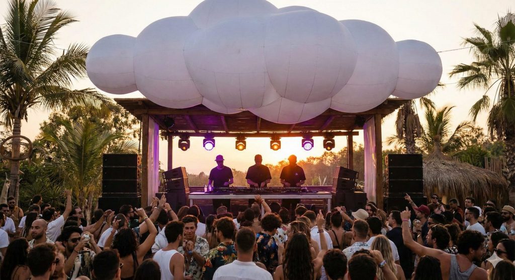 Copertina grafica Fader Space che mostra l'iconica nuvola gonfiabile sopra il DJ booth dei Keinemusik al tramonto, evocando l'atmosfera del Sound Keinemusik "liquido" e open air.