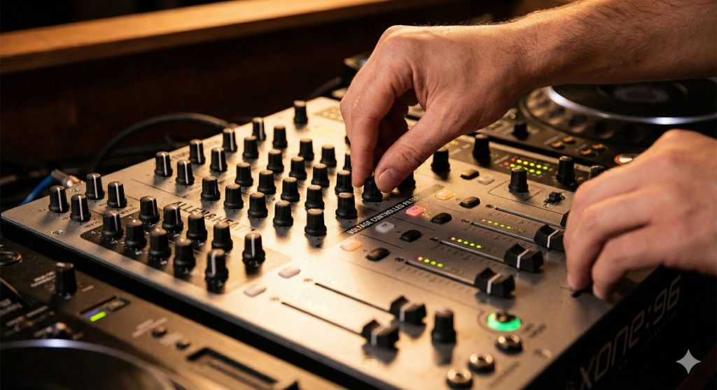 Primo piano delle mani di un DJ che regolano i filtri VCF analogici sul mixer Allen & Heath Xone:96, il cuore pulsante del Keinemusik Setup per la somma audio.