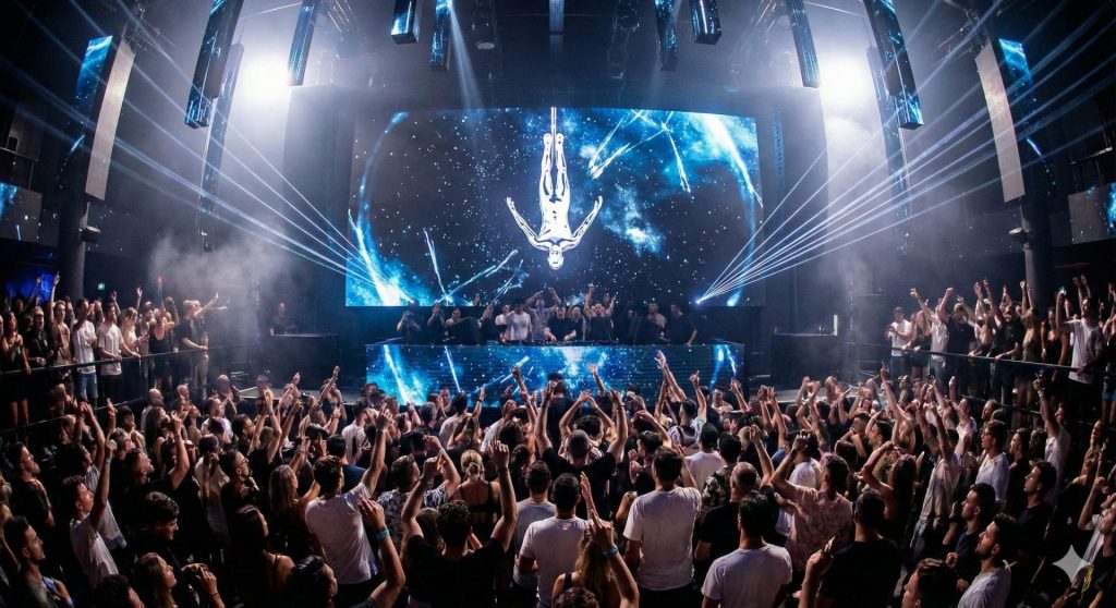 Produzione visiva dell'evento Afterlife all'Hï Ibiza con il logo iconico dell'uomo che cade sopra la console dei Tale Of Us.