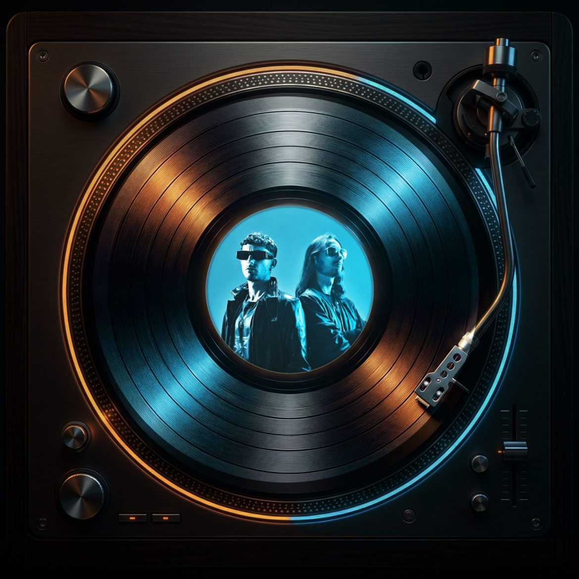 Mind Against Alessandro e Federico Fognini ritratto nell'etichetta di un disco in vinile su giradischi. Pionieri della Melodic Techno tra Life and Death e Afterlife.