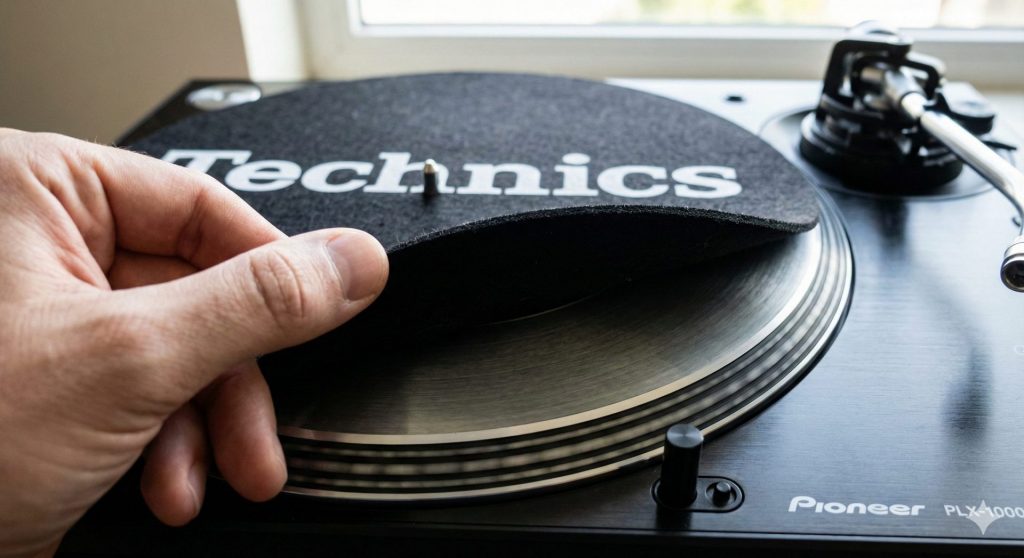 Primo piano di una mano che solleva uno slipmat in feltro con logo Technics dal piatto metallico di un giradischi Pioneer PLX-1000, mostrandone lo spessore e la texture.