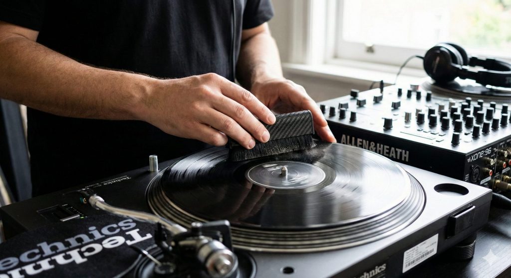 Le mani di un DJ mentre puliscono un disco in vinile dalla polvere usando una spazzola in fibra di carbonio su un giradischi Technics SL-1200, con un mixer Allen & Heath Xone96 sullo sfondo.