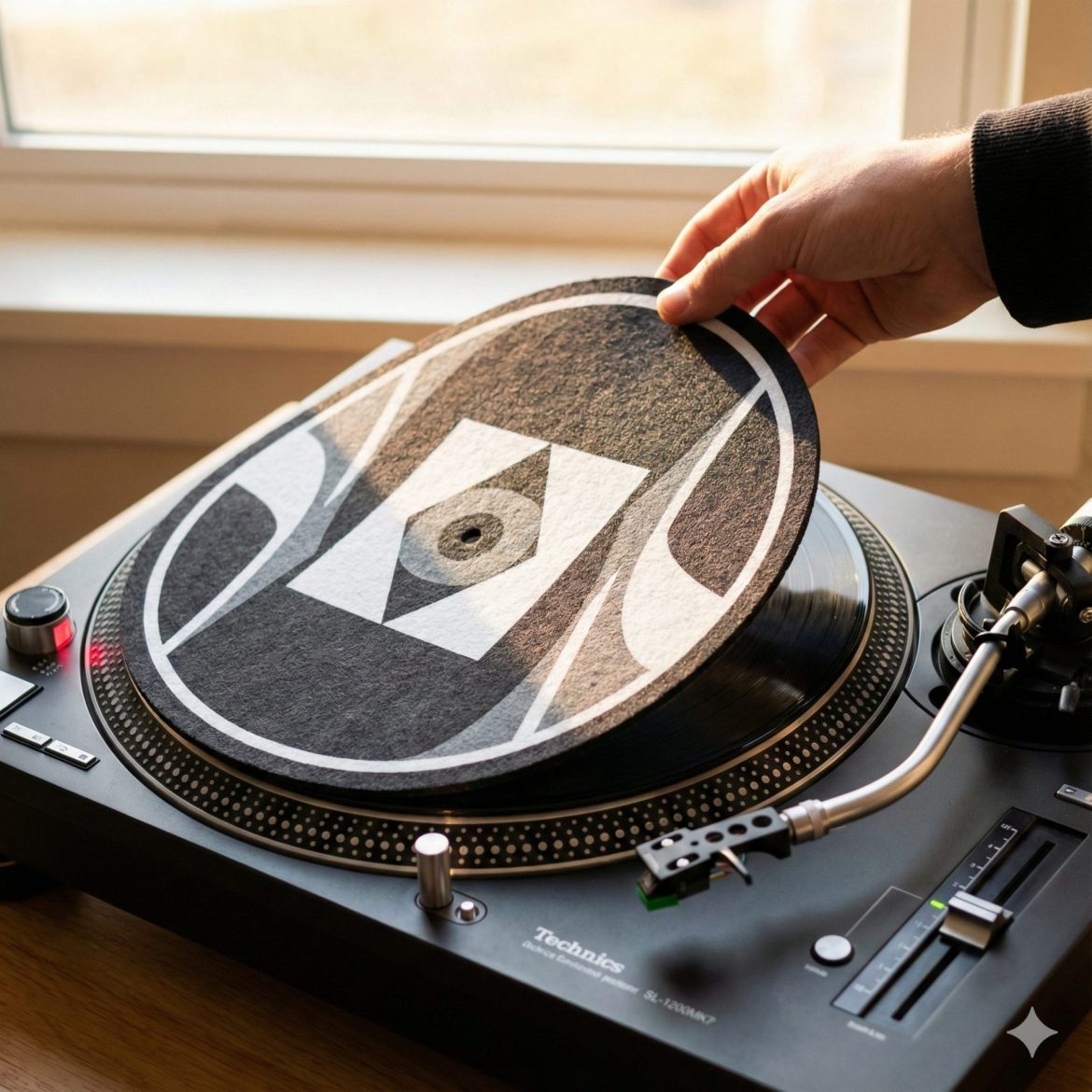 Immagine artistica di copertina che mostra un giradischi professionale con slipmat in feltro, illuminazione da studio per la guida agli accessori DJ.