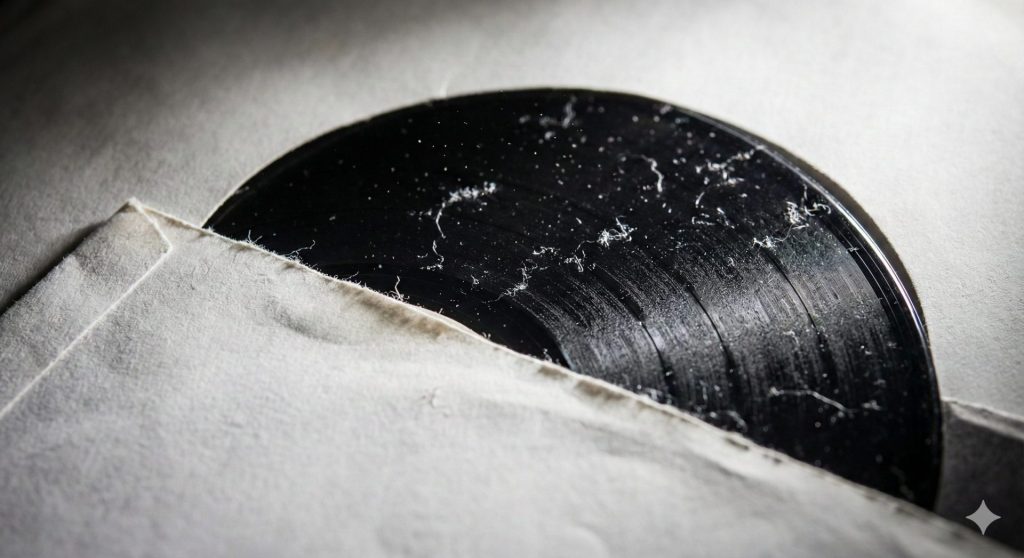 Dettaglio macro di un disco in vinile estratto da una paper inner sleeve (busta di carta) bianca, visibilmente coperto di polvere e pelucchi di carta causati dall'elettricità statica.