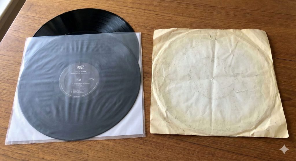 Confronto visivo: a sinistra un disco in vinile protetto in una nuova inner sleeve antistatica di alta qualità, a destra la vecchia busta di carta originale ingiallita e rovinata. Buste Interne Vinile.