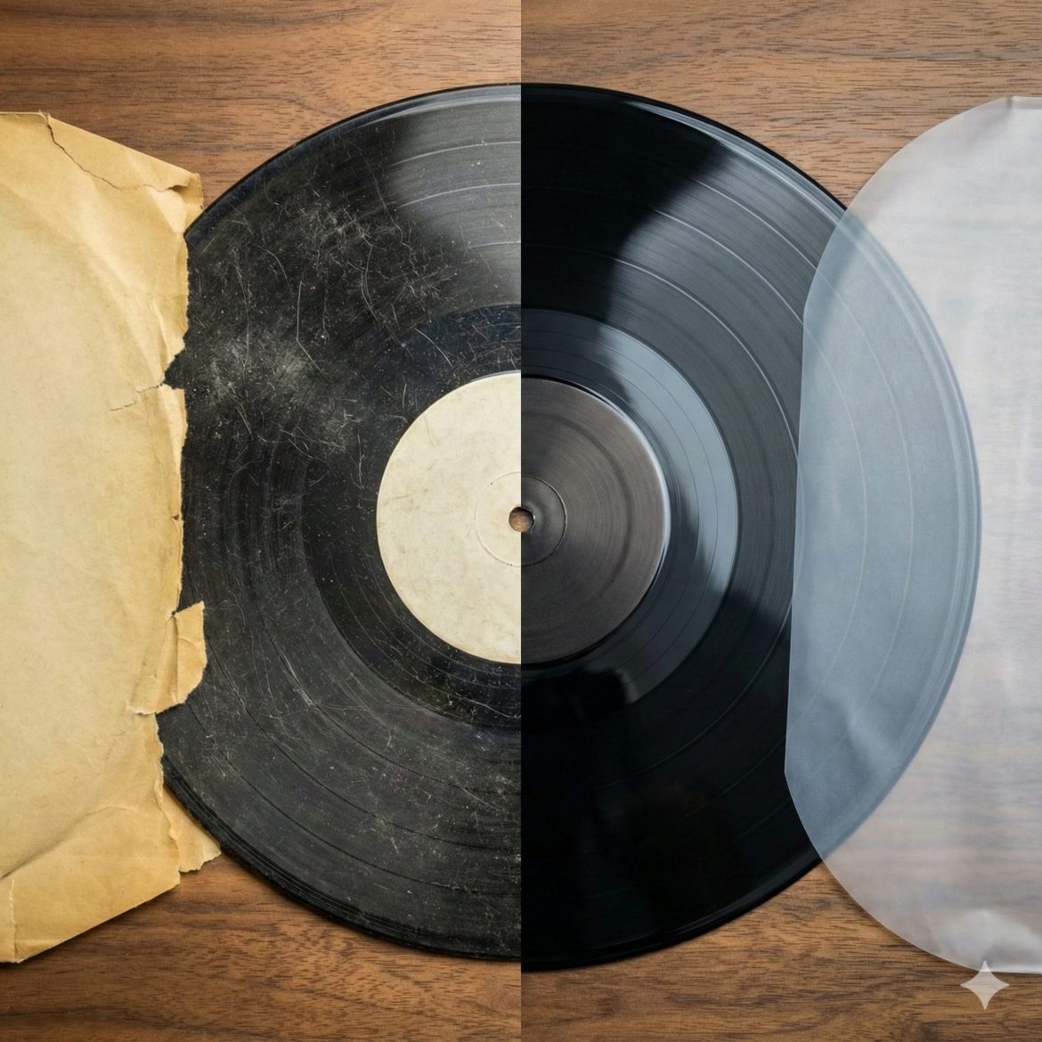 Confronto artistico tra una vecchia busta interna di carta polverosa e una moderna inner sleeve antistatica trasparente che protegge il disco in vinile.