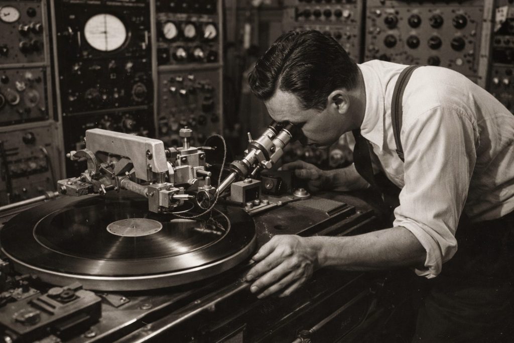 ChatGPT Image 25 dic 2025, 17_18_49 Oggi se sbagliamo un take in DAW, premiamo Cmd+Z. Negli anni '30, il Mastering Engineer era un chirurgo e operava con la medesime precisione. Non esisteva il nastro magnetico; si registrava Direct-to-Disc. L'orchestra suonava e un tornio incideva direttamente su un disco di lacca. Fader Space - Storia del Vinile.