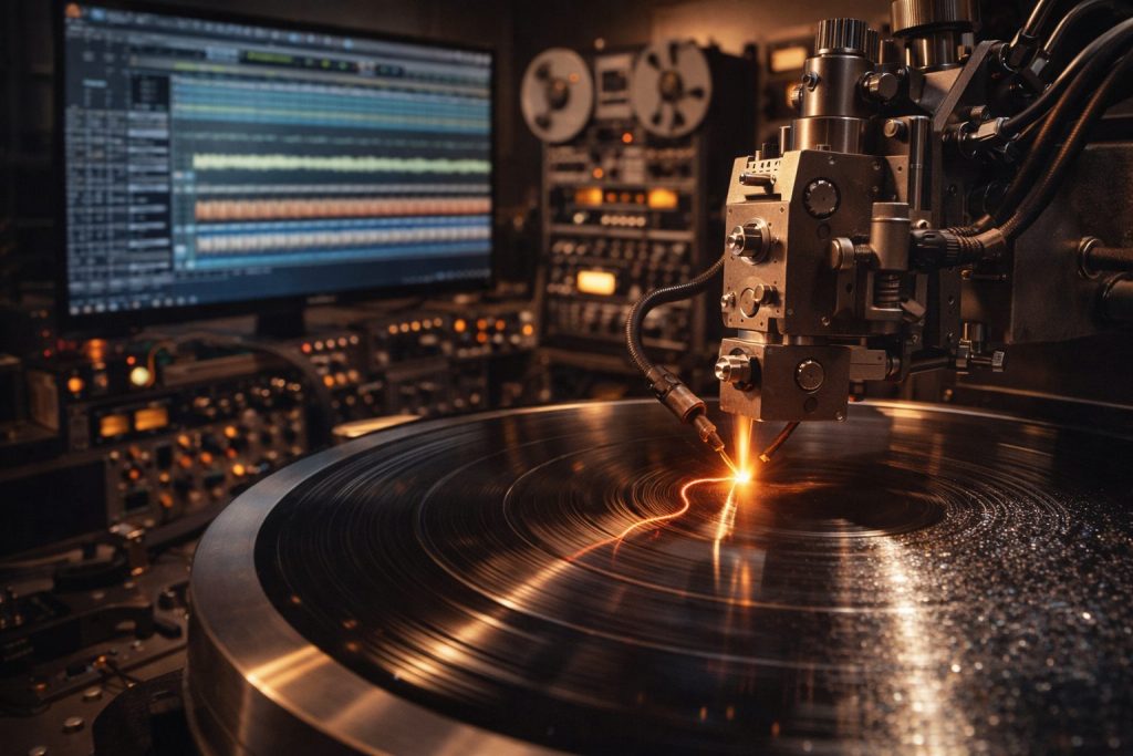 Fase cruciale della Incisione e Produzione Vinile: un tornio Neumann incide la lacca master in uno studio professionale, con sorgenti DAW e nastro magnetico sullo sfondo, come spiegato nella guida tecnica di Fader Space sulla Produzione Vinile.