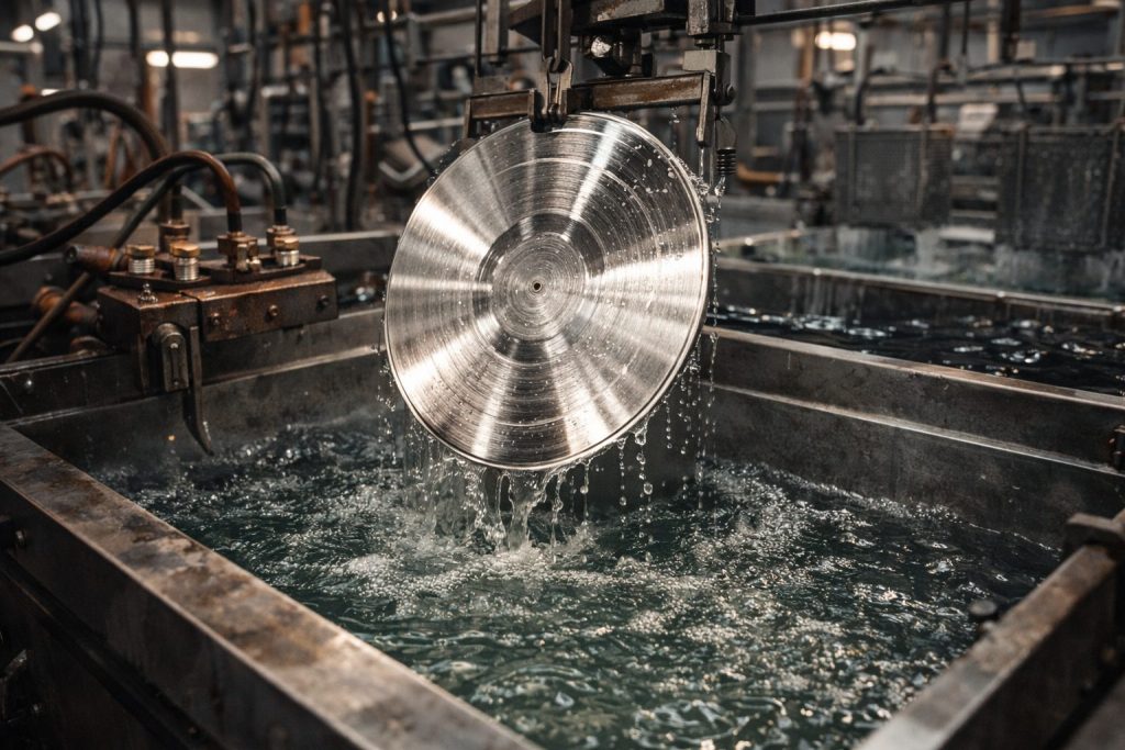 Fase cruciale della Incisione e Produzione Vinile: una matrice metallica in nichel (Stamper) viene estratta dal Bagno Galvanico in una stamperia industriale, un processo chiave analizzato nella guida tecnica di Fader Space.