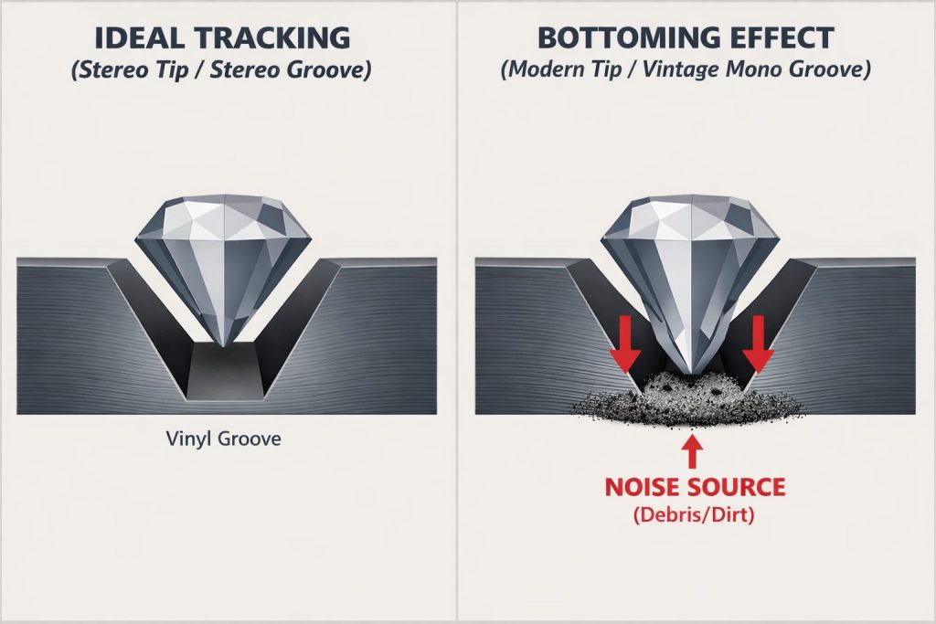 Per comprendere quanto sia delicato l'equilibrio meccanico della riproduzione analogica, è essenziale osservare cosa accade quando la puntina non "galleggia" correttamente tra le pareti del solco.