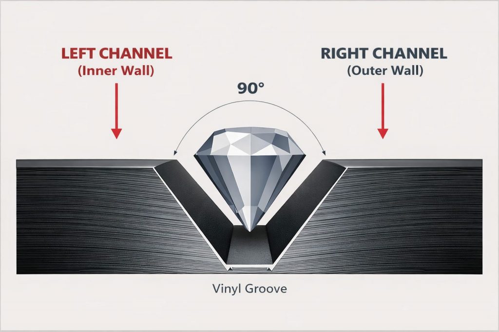 Questa immagine rappresenta una sezione trasversale microscopica (uno vero e proprio spaccato a questo punto) di un moderno solco in vinile mentre viene solcato da una puntina di diamante.