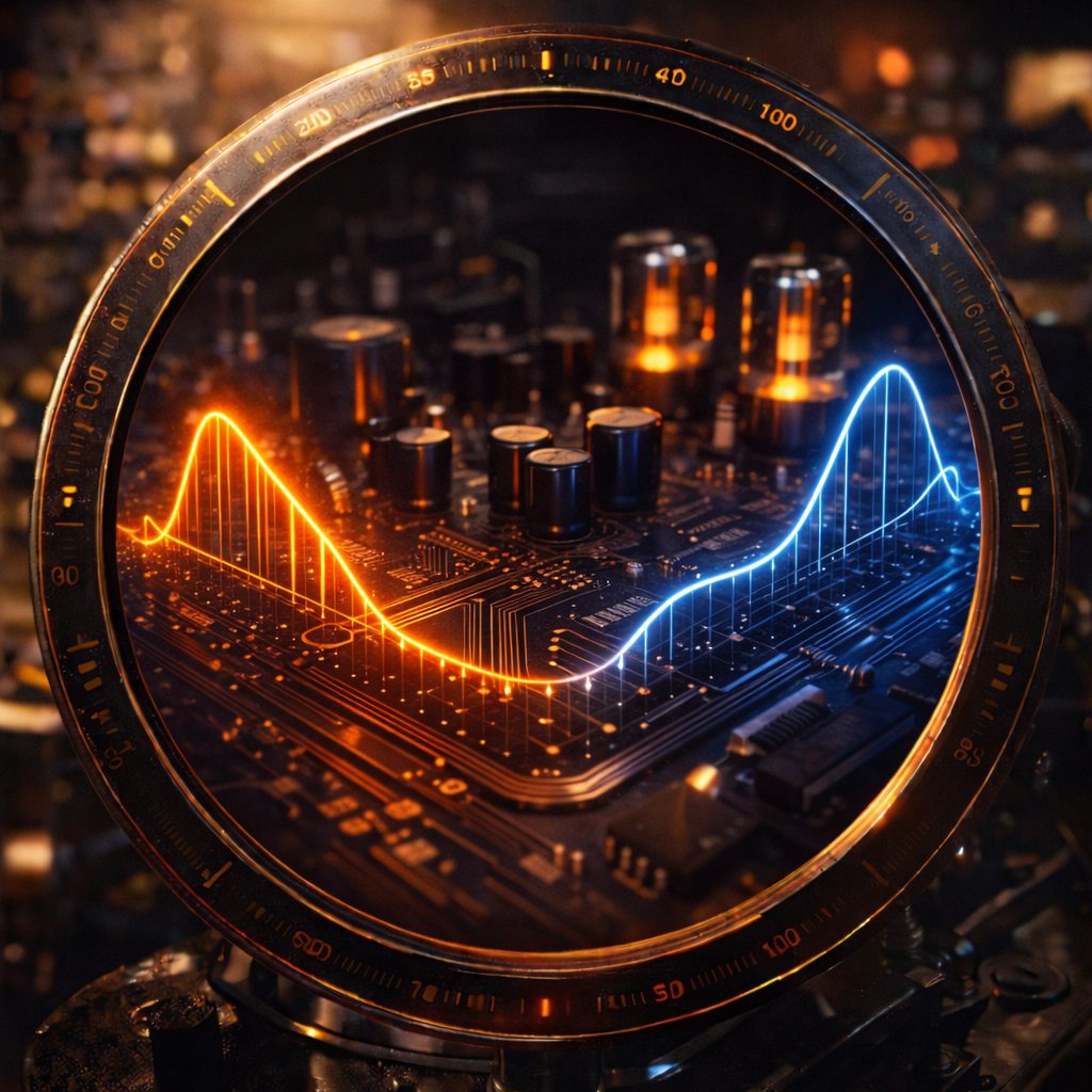 Vogliamo mostrare la curva RIAA non come un grafico freddo, ma come un'energia luminosa che prende forma all'interno di un circuito elettronico valvolare. L'estetica è quella dell'oblò tecnologico. Fader Space