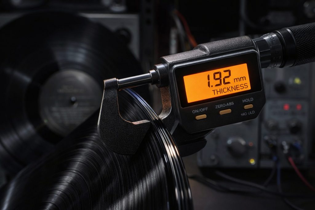 Micrometro digitale di precisione misura lo spessore di un Vinile 180 grammi.