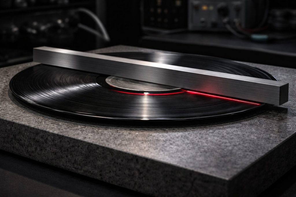 Vista al microscopio elettronico del solco di una Stampa Audiophile su vinile vergine senza impurità.