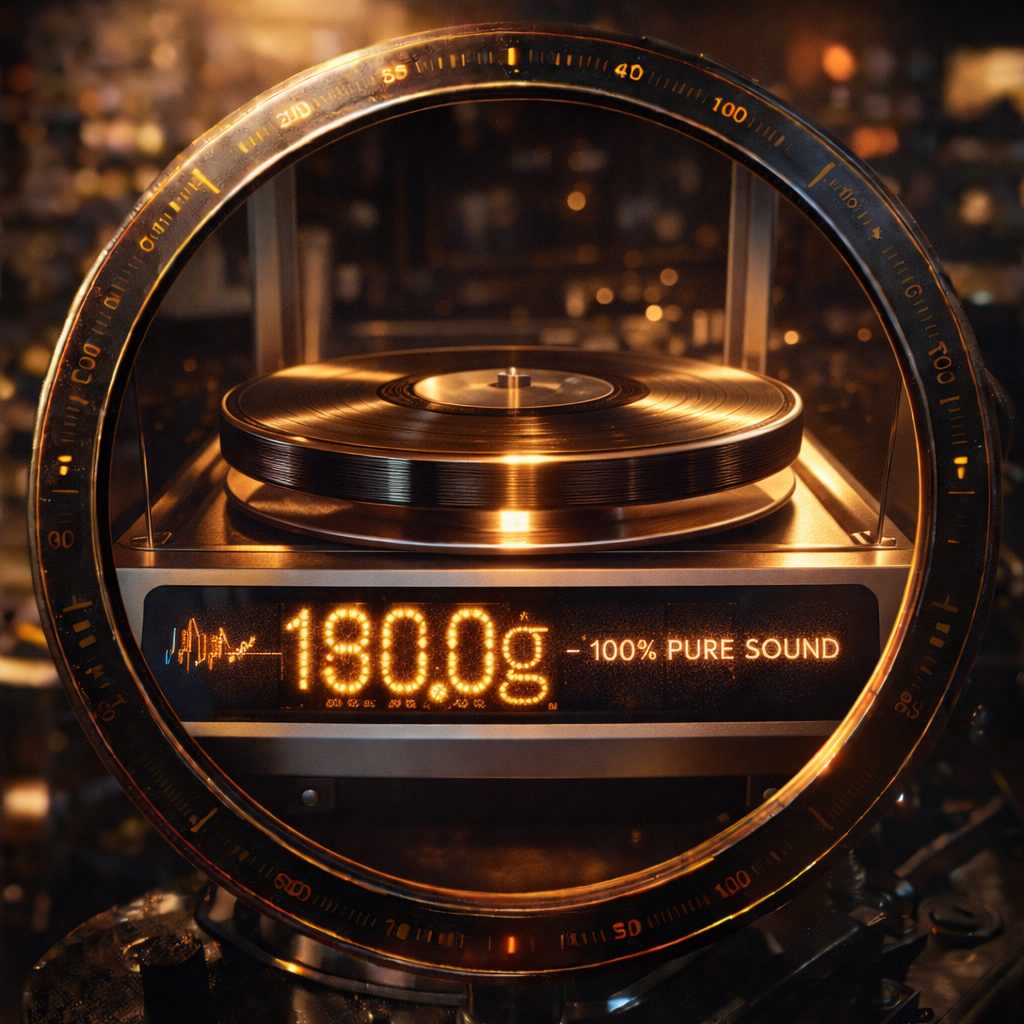 Infografica bilancia di precisione che pesa un Vinile 180 grammi con onde sonore luminose.
