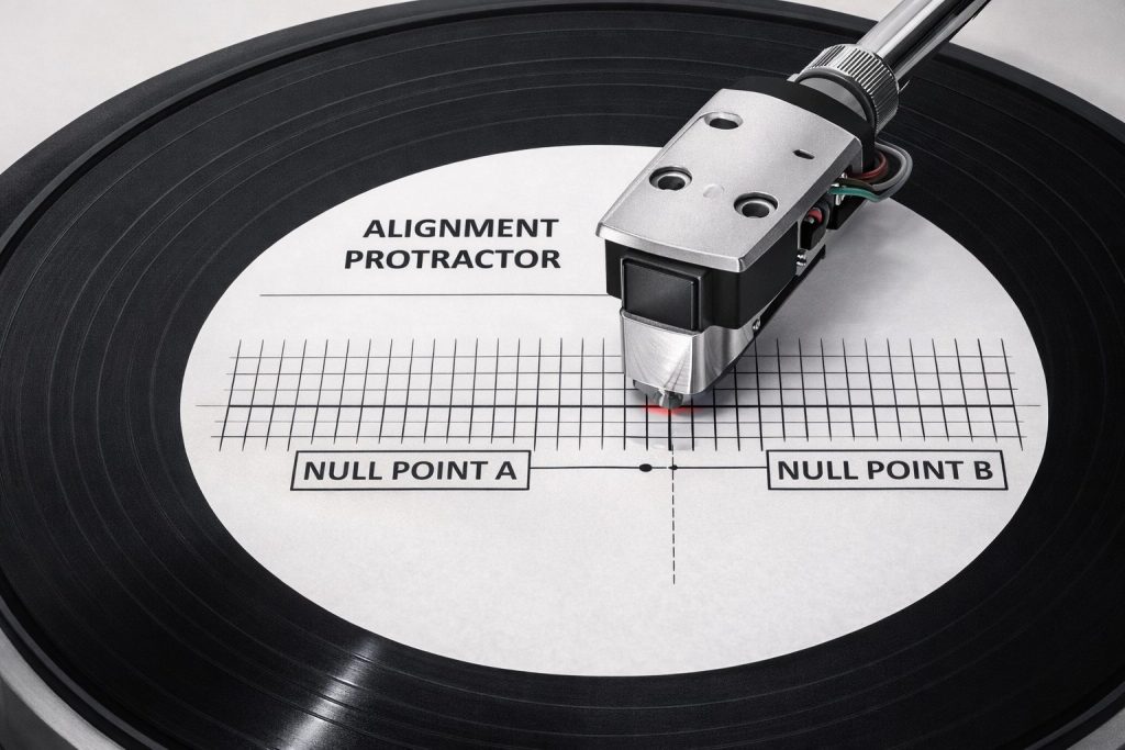 Diagramma tecnico fotorealistico di un giradischi con dima di allineamento e testina hi-fi posizionata sul punto “Null Point A”, utilizzato per spiegare la corretta calibrazione della testina su vinile. Immagine tecnica realizzata per Fader Space. Allineamento del Giradischi.