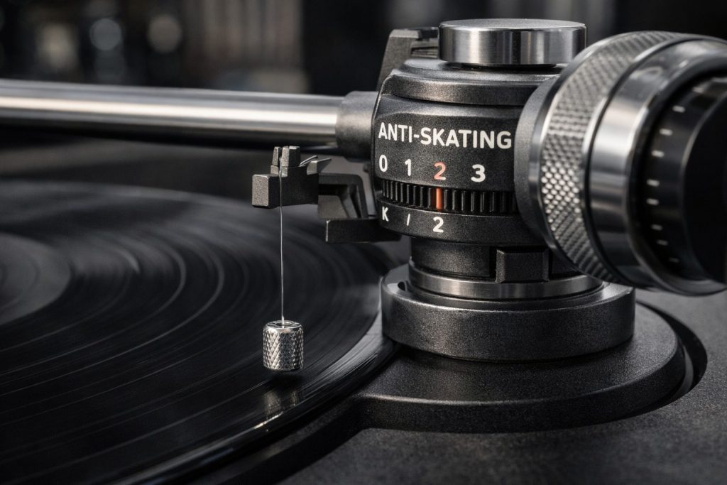 Macro fotografia del meccanismo di anti-skating su un giradischi hi-fi, con contrappeso e filo di regolazione visibili e scala impostata su valore 2. L’immagine mostra la corretta regolazione del braccio su vinile in un contesto audio professionale, contenuto tecnico realizzato per Fader Space | Allineamento del Giradischi.