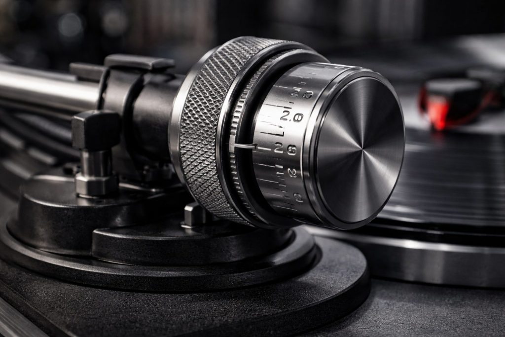 Macro fotografia del contrappeso di un braccio per giradischi utilizzato per regolare la Tracking Force, con riferimento a VTA (Vertical Tracking Angle) e Stylus Rake Angle durante il fine-tuning dell’assetto della testina. L’immagine mostra una regolazione precisa su vinile, realizzata per Fader Space.