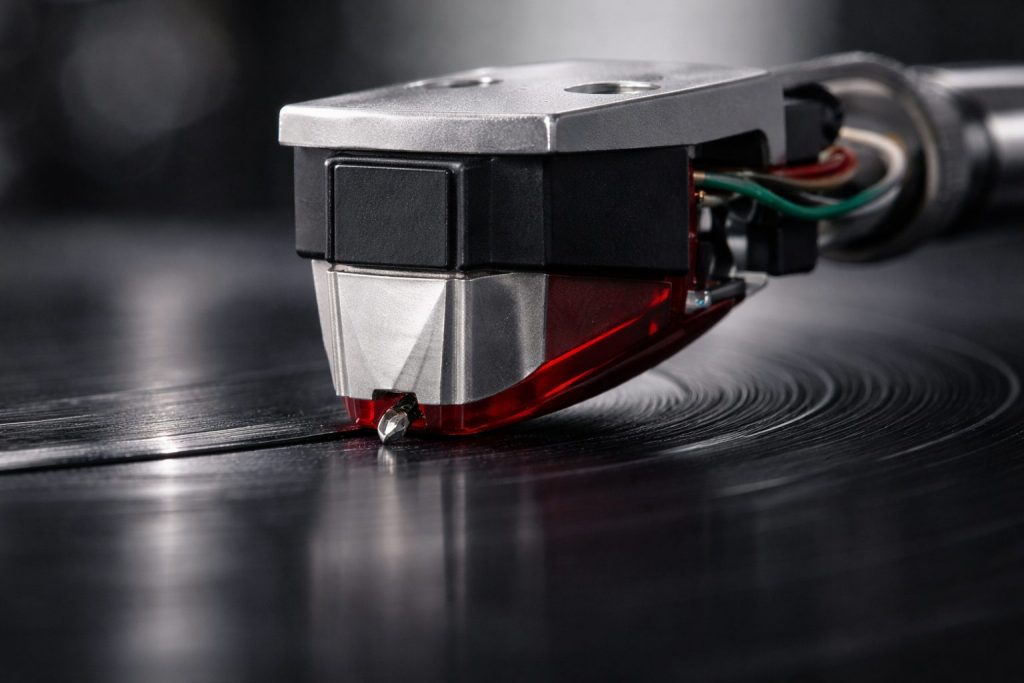 Macro fotografia tecnica di una testina hi-fi in appoggio sul vinile, con regolazione precisa di Tracking Force, VTA (Vertical Tracking Angle) e Stylus Rake Angle. L’immagine mostra il corretto fine-tuning dell’allineamento della testina, con stilo perfettamente inserito nel solco e geometria parallela al disco. Contenuto tecnico originale realizzato per Fader Space.