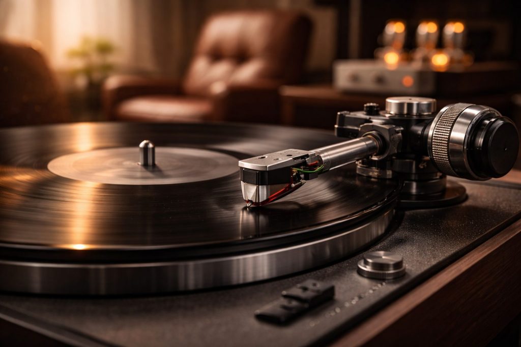 Giradischi hi-end in funzione con vinile in rotazione, illuminato da luce calda ambientale. La scena mostra la corretta regolazione di Tracking Force, VTA (Vertical Tracking Angle) e Stylus Rake Angle, evidenziando il processo di fine-tuning per un ascolto analogico di alta qualità. Immagine tecnica e atmosferica realizzata per Fader Space.