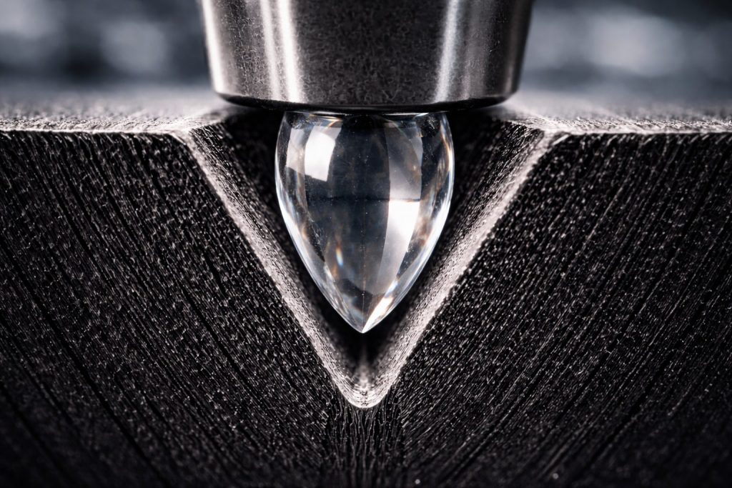 Macro fotografia tecnica di una vista in sezione di un solco di vinile con uno stilo ellittico in contatto profondo, illustrando vari Profili Stilo dei Giradischi come Stilo Sferico, Stilo Ellittico, Line Contact e Shibata, per mostrare come forme più avanzate aumentano l’area di contatto e la precisione di tracciamento, contenuto realizzato per Fader Space.