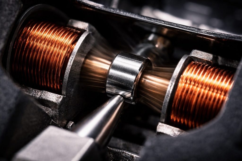 Macro fotografia tecnica in sezione di una testina MM (Moving Magnet), che mostra il magnete mobile oscillare tra le bobine fisse all’interno del generatore. L’immagine illustra in modo chiaro il confronto MM vs MC, evidenziando le differenze tra Magnete Mobile e Bobina Mobile (Moving Coil) nella conversione del movimento meccanico in segnale elettrico. Il dettaglio mostra il funzionamento interno con bobine in rame e magnete di precisione, contenuto tecnico originale realizzato per Fader Space.