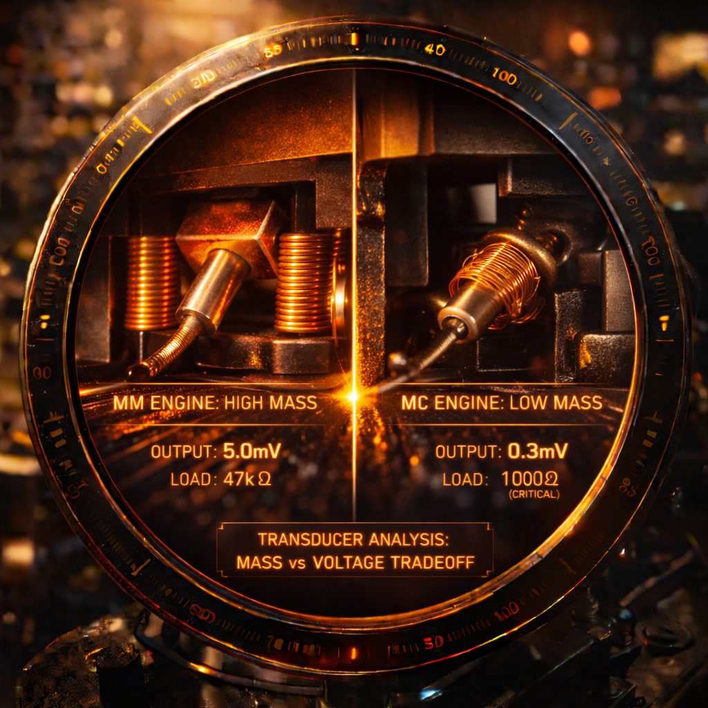 Confronto tecnico in split-screen nel mirino tra i motori interni delle testine Moving Magnet (MM) e Moving Coil (MC), con dati AR su massa mobile, tensione d'uscita (5.0mV vs 0.3mV) e impedenza di carico. Contenuto per Fader Space