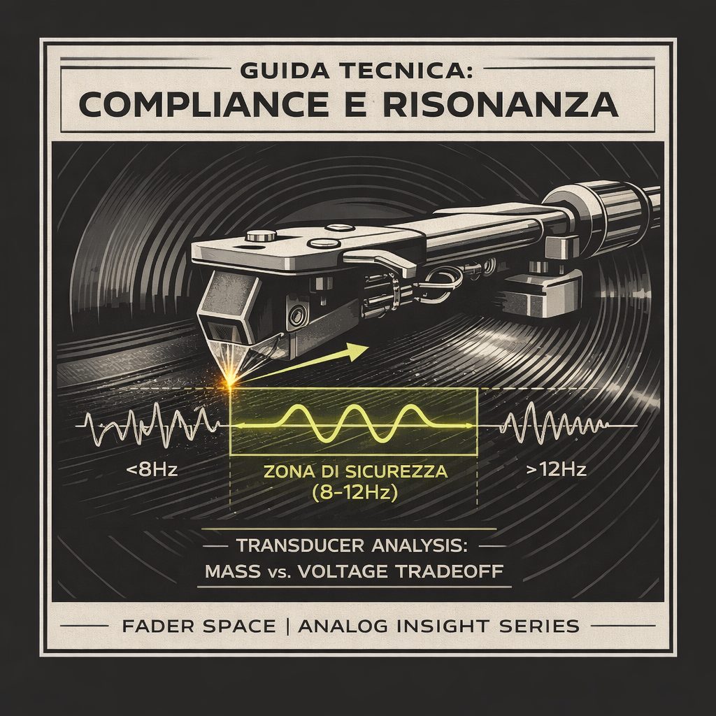 Guida alla Compliance L'immagine mostra un braccio giradischi che traccia un solco, con un grafico sottostante che evidenzia in verde lime la "Zona di Sicurezza (8-12Hz)" per un corretto Abbinamento Braccio tTstina, contrapposta alle zone di risonanza instabile (12Hz) influenzate dalla Cedevolezza Dinamica.