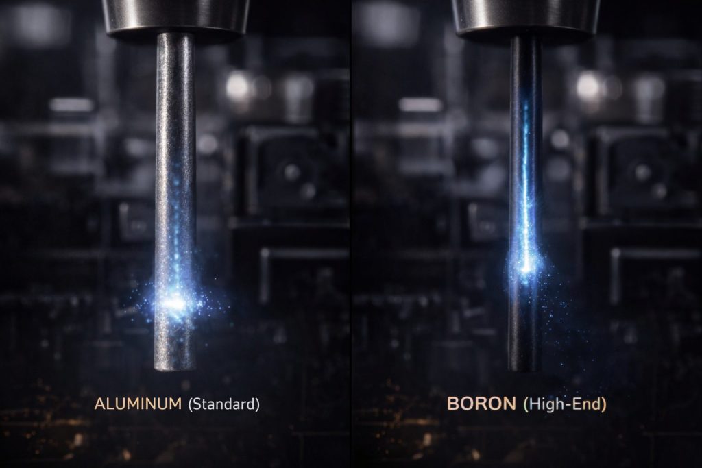 Il Boro è oggi considerato il materiale principe per le testine di fascia alta. Macro fotografia tecnica comparativa di due cantilever per testine phono, che evidenzia la relazione tra Cantilever e Sospensione, il diverso Materiale del Cantilever (alluminio vs boro) e l’impatto sulla Compliance (cedevolezza) durante la trasmissione delle vibrazioni. L’immagine mostra la propagazione dell’energia meccanica lungo l’asta, illustrando le differenze di rigidità, controllo e velocità di risposta. Contenuto tecnico originale realizzato per Fader Space.