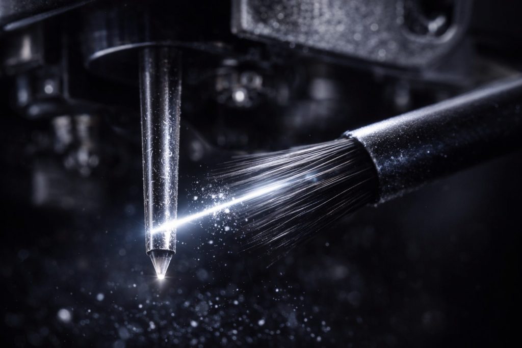 La Pulizia del Cantilever - Fader Space Pulizia del Cantilever: Macro fotografia tecnica della pulizia dello stilo di una testina hi-fi con spazzola dedicata, che mostra il corretto movimento dalla base verso la punta del cantilever per rimuovere micro-polveri senza danneggiare la sospensione. Immagine tecnica realizzata per Fader Space.