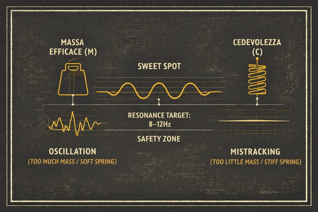 Rappresentazione del Mismatch (L'errore) Schema tecnico del Braccio del Giradischi per Fader Space: analisi della Massa Efficace, calibrazione dell'Azimuth, regolazione dell'Anti-Skating e allineamento del VTA.